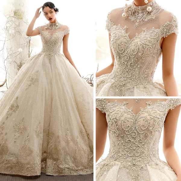 Luxury / Gorgeous Vintage / Retro Champagne See-through Wedding Dresses 2019 Ball Gown High Neck Short Sleeve Appliques Lace Glitter Tulle Cathedral Train Ruffle