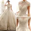 Luxury / Gorgeous Vintage / Retro Champagne See-through Wedding Dresses 2019 Ball Gown High Neck Short Sleeve Appliques Lace Glitter Tulle Cathedral Train Ruffle