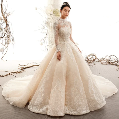 Vintage Champagne Genomskinliga Bröllopsklänningar 2019 Prinsessa Hög Hals Långärmad HJÄRTFORMIG Halterneck Appliqués Spets Beading Cathedral Train Ruffle