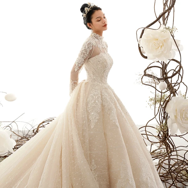 Vintage / Originale Champagne Transparentes Robe De Mariée 2019 Princesse Col Haut Manches Longues Forme de coeur Dos Nu Appliques En Dentelle Perlage Cathedral Train Volants