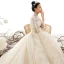 Vintage / Originale Champagne Transparentes Robe De Mariée 2019 Princesse Col Haut Manches Longues Forme de coeur Dos Nu Appliques En Dentelle Perlage Cathedral Train Volants