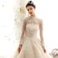 Vintage / Originale Champagne Transparentes Robe De Mariée 2019 Princesse Col Haut Manches Longues Forme de coeur Dos Nu Appliques En Dentelle Perlage Cathedral Train Volants