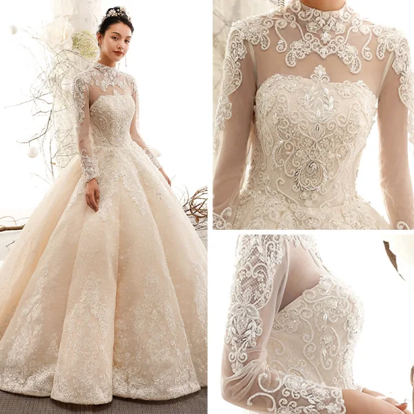 Vintage / Originale Champagne Transparentes Robe De Mariée 2019 Princesse Col Haut Manches Longues Forme de coeur Dos Nu Appliques En Dentelle Perlage Cathedral Train Volants