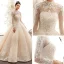 Vintage / Originale Champagne Transparentes Robe De Mariée 2019 Princesse Col Haut Manches Longues Forme de coeur Dos Nu Appliques En Dentelle Perlage Cathedral Train Volants