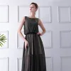 Elegant Brown Summer Evening Dresses  2019 Sheath / Fit Square Neckline Sleeveless Sequins Sweep Train Ruffle Formal Dresses