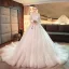 Elegante Ivory / Creme Durchsichtige Brautkleider / Hochzeitskleider 2019 A Linie Rundhalsausschnitt Lange Ärmel Rückenfreies Perlenstickerei Glanz Tülle Kapelle-Schleppe Rüschen