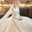 Elegante Ivory / Creme Durchsichtige Brautkleider / Hochzeitskleider 2019 A Linie Rundhalsausschnitt Lange Ärmel Rückenfreies Perlenstickerei Glanz Tülle Kapelle-Schleppe Rüschen