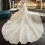 Luxus / Herrlich Champagner Durchsichtige Brautkleider / Hochzeitskleider 2019 Ballkleid Stehkragen 3/4 Ärmel Rückenfreies Pailletten Perlenstickerei Kathedrale Schleppe Rüschen