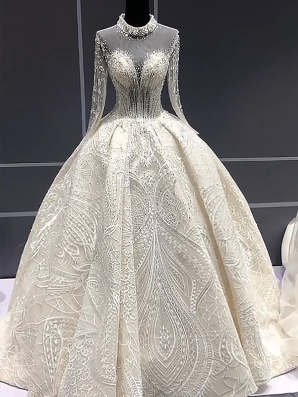 Luxus / Herrlich Champagner Durchsichtige Brautkleider / Hochzeitskleider 2019 Ballkleid Stehkragen 3/4 Ärmel Rückenfreies Pailletten Perlenstickerei Kathedrale Schleppe Rüschen
