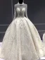 Luxus / Herrlich Champagner Durchsichtige Brautkleider / Hochzeitskleider 2019 Ballkleid Stehkragen 3/4 Ärmel Rückenfreies Pailletten Perlenstickerei Kathedrale Schleppe Rüschen