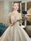 Luxus / Herrlich Champagner Durchsichtige Brautkleider / Hochzeitskleider 2019 Ballkleid Stehkragen 3/4 Ärmel Rückenfreies Pailletten Perlenstickerei Kathedrale Schleppe Rüschen