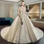 Luxus / Herrlich Champagner Durchsichtige Brautkleider / Hochzeitskleider 2019 Ballkleid Stehkragen 3/4 Ärmel Rückenfreies Pailletten Perlenstickerei Kathedrale Schleppe Rüschen