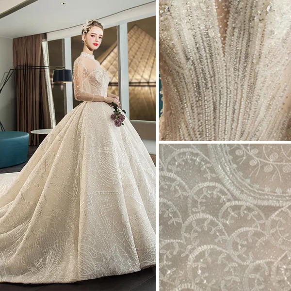Luxus / Herrlich Champagner Durchsichtige Brautkleider / Hochzeitskleider 2019 Ballkleid Stehkragen 3/4 Ärmel Rückenfreies Pailletten Perlenstickerei Kathedrale Schleppe Rüschen