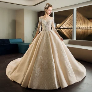Luxe Champagne Transparentes Robe De Mariée 2019 Robe Boule Encolure Dégagée 1 2 Manches Dos Nu Appliques En Dentelle Perlage Gland Perle Cathedral Train