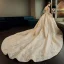 Luxe Champagne Transparentes Robe De Mariée 2019 Robe Boule Encolure Dégagée 1/2 Manches Dos Nu Appliques En Dentelle Perlage Gland Perle Cathedral Train