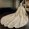 Luxury / Gorgeous Champagne See-through Wedding Dresses 2019 Ball Gown Scoop Neck 1/2 Sleeves Backless Appliques Lace Beading Tassel Pearl Cathedral Train