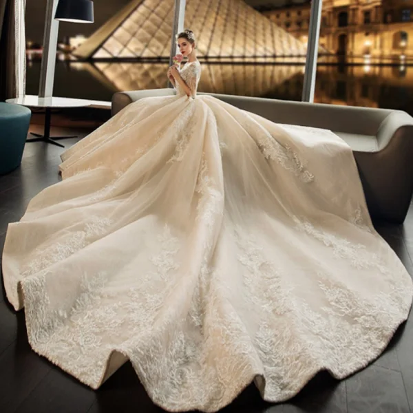 Luxe Champagne Transparentes Robe De Mariée 2019 Robe Boule Encolure Dégagée 1/2 Manches Dos Nu Appliques En Dentelle Perlage Gland Perle Cathedral Train