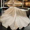 Luxury / Gorgeous Champagne See-through Wedding Dresses 2019 Ball Gown Scoop Neck 1/2 Sleeves Backless Appliques Lace Beading Tassel Pearl Cathedral Train