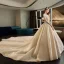 Luxe Champagne Transparentes Robe De Mariée 2019 Robe Boule Encolure Dégagée 1/2 Manches Dos Nu Appliques En Dentelle Perlage Gland Perle Cathedral Train