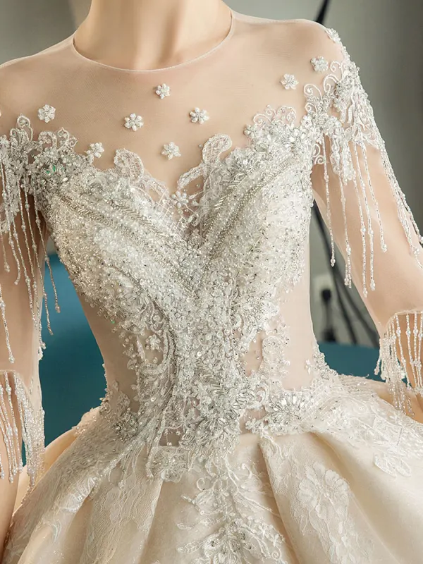 Luxe Champagne Transparentes Robe De Mariée 2019 Robe Boule Encolure Dégagée 1/2 Manches Dos Nu Appliques En Dentelle Perlage Gland Perle Cathedral Train
