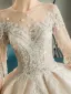 Luxe Champagne Transparentes Robe De Mariée 2019 Robe Boule Encolure Dégagée 1/2 Manches Dos Nu Appliques En Dentelle Perlage Gland Perle Cathedral Train