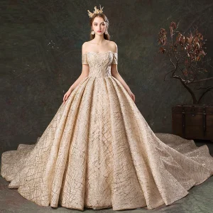 Sparkly Champagne Wedding Dresses 2019 Ball Gown Off The Shoulder Short Sleeve Backless Glitter Tulle Cathedral Train Ruffle