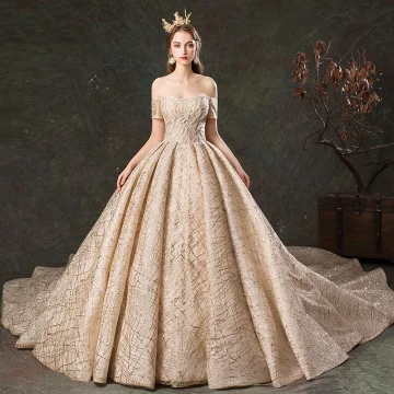 Scintillantes Champagne Robe De Mariée 2019 Robe Boule De L 039 Épaule Manches Courtes Dos Nu Glitter Tulle Cathedral Train Volants