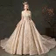 Scintillantes Champagne Robe De Mariée 2019 Robe Boule De l'épaule Manches Courtes Dos Nu Glitter Tulle Cathedral Train Volants