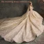 Scintillantes Champagne Robe De Mariée 2019 Robe Boule De l'épaule Manches Courtes Dos Nu Glitter Tulle Cathedral Train Volants