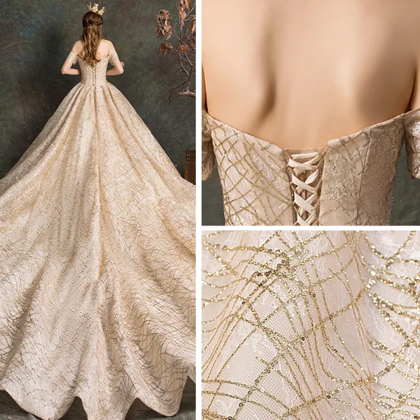 Scintillantes Champagne Robe De Mariée 2019 Robe Boule De l'épaule Manches Courtes Dos Nu Glitter Tulle Cathedral Train Volants