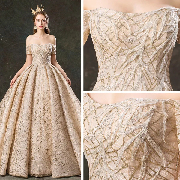 Scintillantes Champagne Robe De Mariée 2019 Robe Boule De l'épaule Manches Courtes Dos Nu Glitter Tulle Cathedral Train Volants