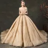 Luxury / Gorgeous Gold Wedding Dresses 2019 Ball Gown Off-The-Shoulder Short Sleeve Backless Beading Glitter Tulle Cathedral Train Ruffle