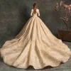 Luxury / Gorgeous Gold Wedding Dresses 2019 Ball Gown Off-The-Shoulder Short Sleeve Backless Beading Glitter Tulle Cathedral Train Ruffle