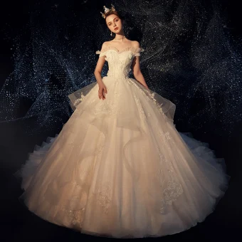 Elegant Champagne Wedding Dresses 2019 Ball Gown Off The Shoulder Short Sleeve Backless Appliques Lace Pearl Glitter Tulle Chapel Train Ruffle