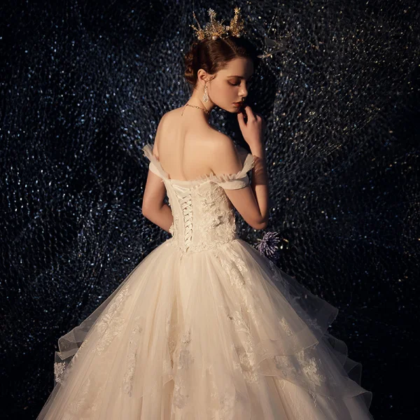 Elegant Champagne Wedding Dresses 2019 Ball Gown Off-The-Shoulder Short Sleeve Backless Appliques Lace Pearl Glitter Tulle Chapel Train Ruffle