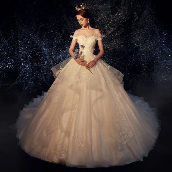 Elegant Champagne Wedding Dresses 2019 Ball Gown Off-The-Shoulder Short Sleeve Backless Appliques Lace Pearl Glitter Tulle Chapel Train Ruffle
