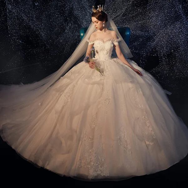 Elegant Champagne Wedding Dresses 2019 Ball Gown Off-The-Shoulder Short Sleeve Backless Appliques Lace Pearl Glitter Tulle Chapel Train Ruffle