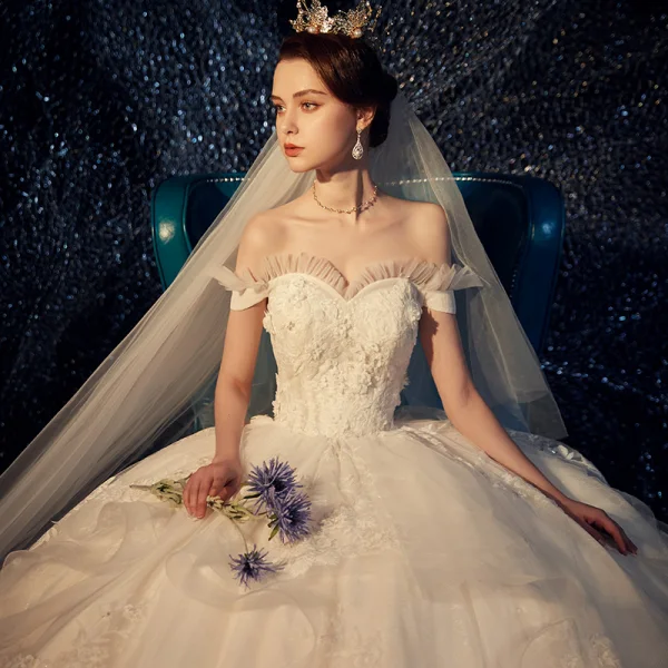Elegant Champagne Wedding Dresses 2019 Ball Gown Off-The-Shoulder Short Sleeve Backless Appliques Lace Pearl Glitter Tulle Chapel Train Ruffle