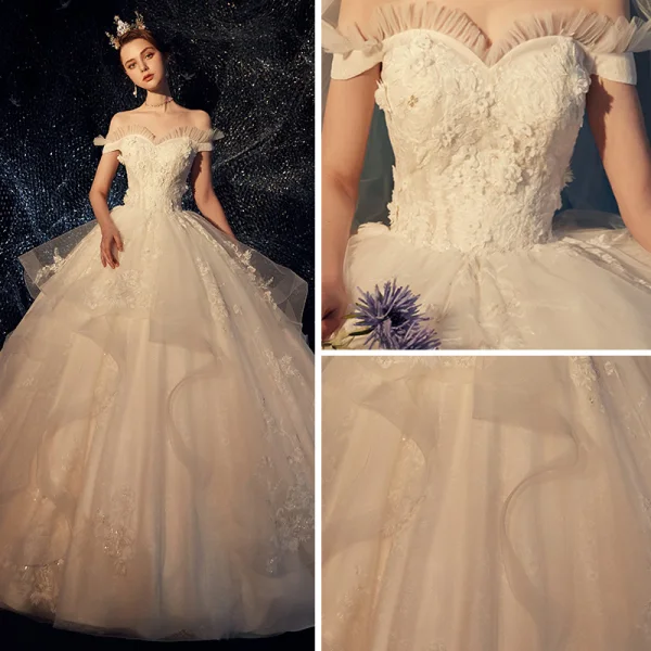Elegant Champagne Wedding Dresses 2019 Ball Gown Off-The-Shoulder Short Sleeve Backless Appliques Lace Pearl Glitter Tulle Chapel Train Ruffle