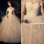 Elegant Champagne Wedding Dresses 2019 Ball Gown Off-The-Shoulder Short Sleeve Backless Appliques Lace Pearl Glitter Tulle Chapel Train Ruffle