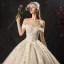 Vintage / Originale Champagne Robe De Mariée 2019 Princesse De l'épaule Manches Courtes Dos Nu Appliques En Dentelle Glitter Tulle Chapel Train Volants