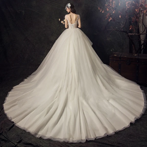 Abordable Ivoire Transparentes Robe De Mariée 2019 Robe Boule Encolure Carrée Manches Courtes Dos Nu Appliques En Dentelle Chapel Train Volants