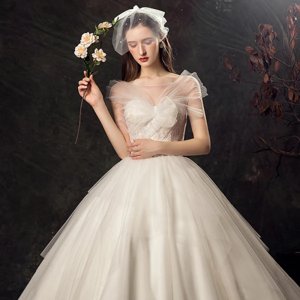 Abordable Ivoire Transparentes Robe De Mariée 2019 Robe Boule Encolure Carrée Manches Courtes Dos Nu Appliques En Dentelle Chapel Train Volants