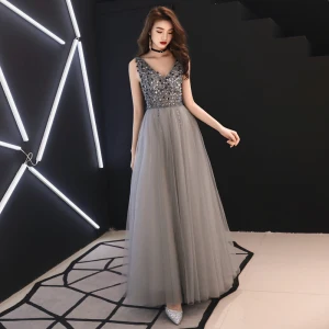 Classy Grey Evening Dresses 2019 A Line Princess Deep V Neck Sleeveless Sequins Beading Floor Length Long Ruffle Backless Formal Dresses