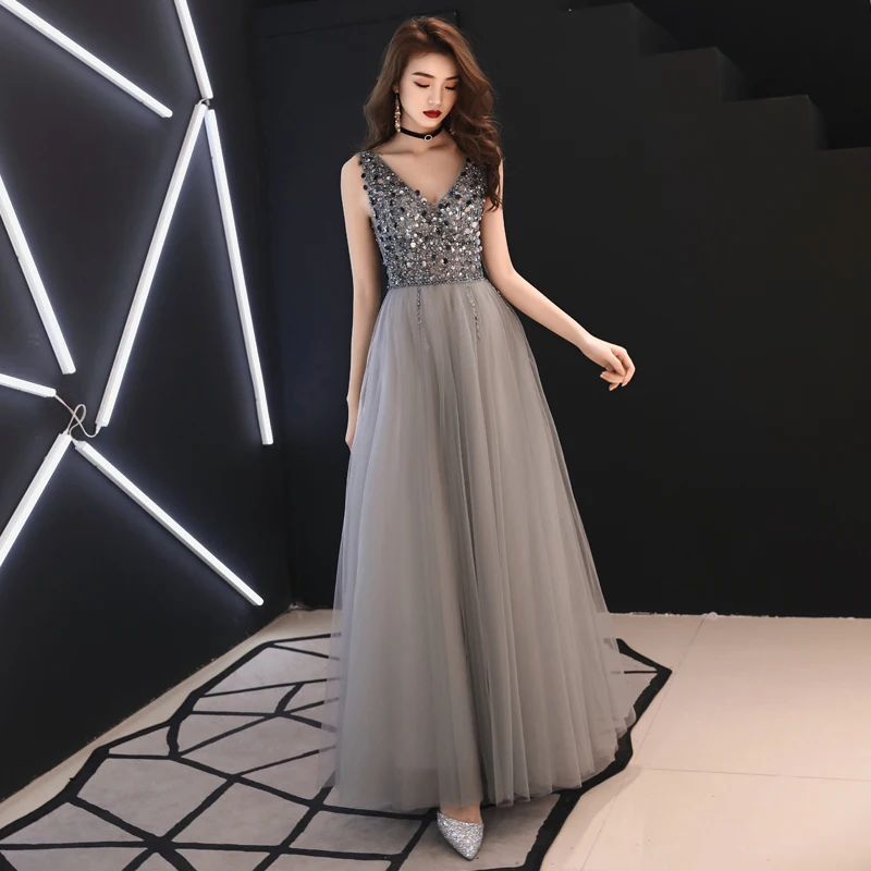 Classy Grey Evening Dresses 2019 A Line Princess Deep V Neck Sleeveless  Sequins Beading Floor Length Long Ruffle Backless Formal Dresses