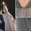 Chic Gris Robe De Soirée 2019 Princesse Col v profond Sans Manches Paillettes Perlage Longue Volants Dos Nu Robe De Ceremonie
