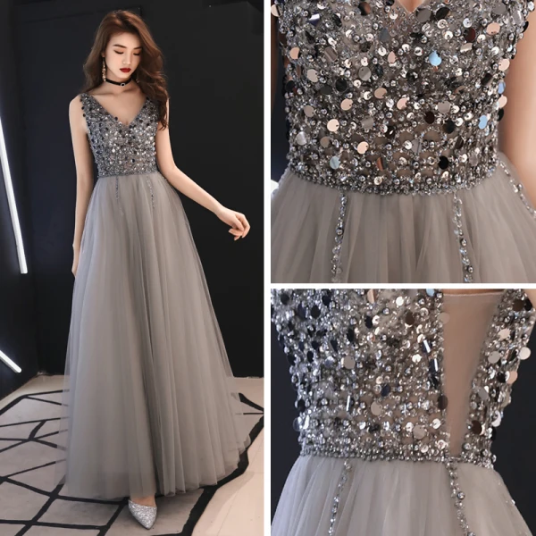 Chic Gris Robe De Soirée 2019 Princesse Col v profond Sans Manches Paillettes Perlage Longue Volants Dos Nu Robe De Ceremonie