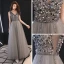 Chic Gris Robe De Soirée 2019 Princesse Col v profond Sans Manches Paillettes Perlage Longue Volants Dos Nu Robe De Ceremonie