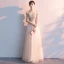 Affordable Gold Evening Dresses  2019 A-Line / Princess Off-The-Shoulder Short Sleeve Appliques Lace Rhinestone Floor-Length / Long Ruffle Backless Formal Dresses