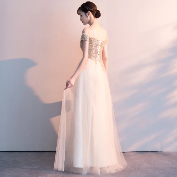 Affordable Gold Evening Dresses 2019 A-Line / Princess Off-The-Shoulder Short Sleeve Appliques Lace Rhinestone Floor-Length / Long Ruffle Backless Formal Dresses
